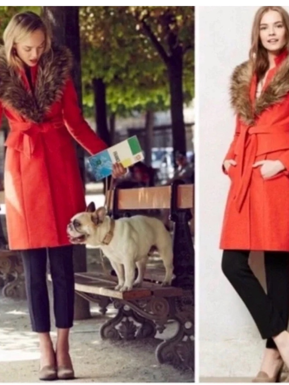 Plenty by Tracy Reese Coral-Red Trench Coat with Faux-Fur Collar
